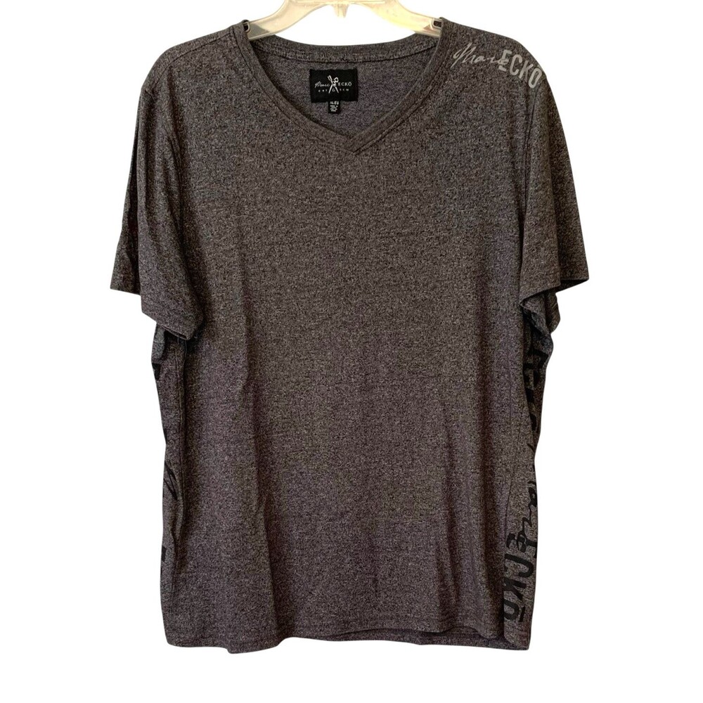 Marc ECKO CUT & SEW Mens Gray Marled Side Print Logo V Neck T-Shirt  - Size XL